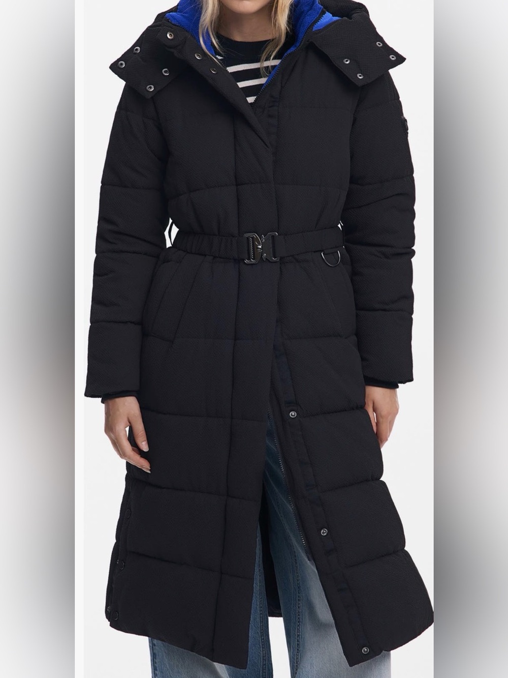 Desigual- New Quilted Puffer Longline Coat with Removable Hood in Black